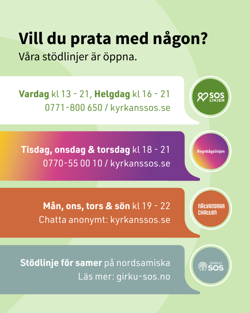 En bild över fyra olika stödlinjer som kan vara ett alternativ att kontakta vid risk om eller tankar på självmord.